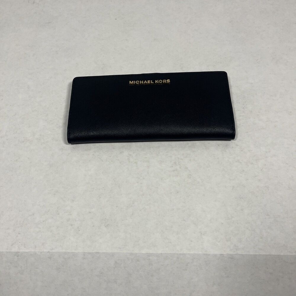 Michael Kors Black Leather Zip‑Around Wallet Large MK Logo Card Holder
